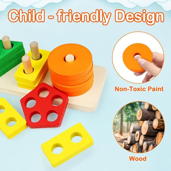 Toddlers Color Recognition Stacker Shape Sorter Wooden Toy Learning Puzzles - Picture 2 of 7